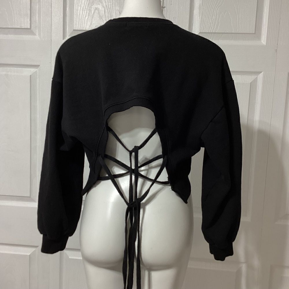 Airplane Brand Cropped Black Tie Open Back Wide Sleeve Sweatshirt XL